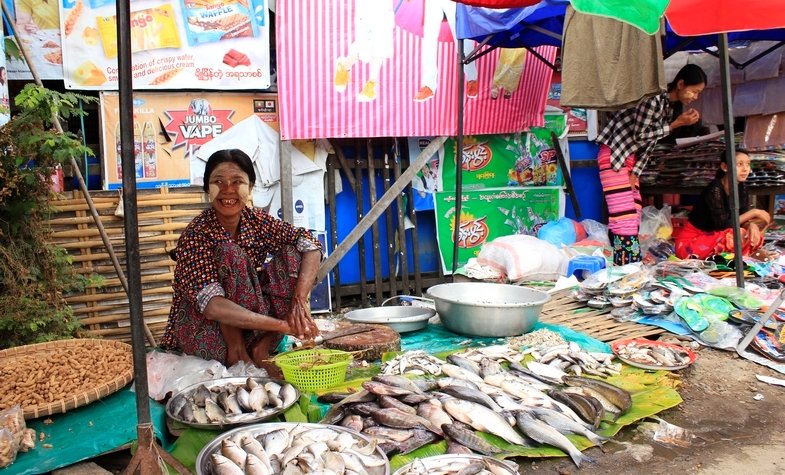 a lady smiling beside her fish vendor at Mandalay local market