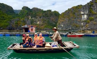 Bamboo boat rowing Halong bay, Vietnam