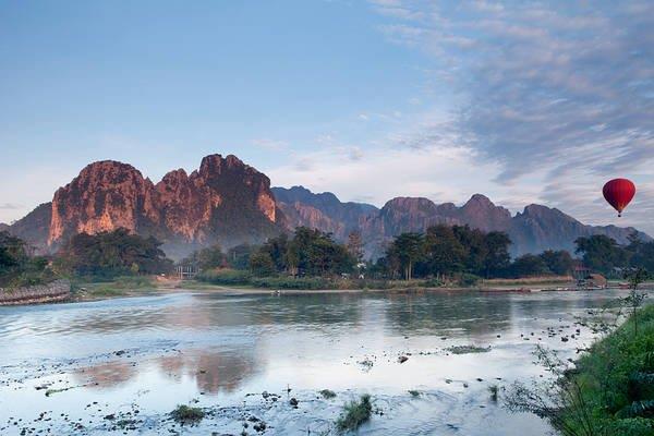 mountain, red hot air balloon