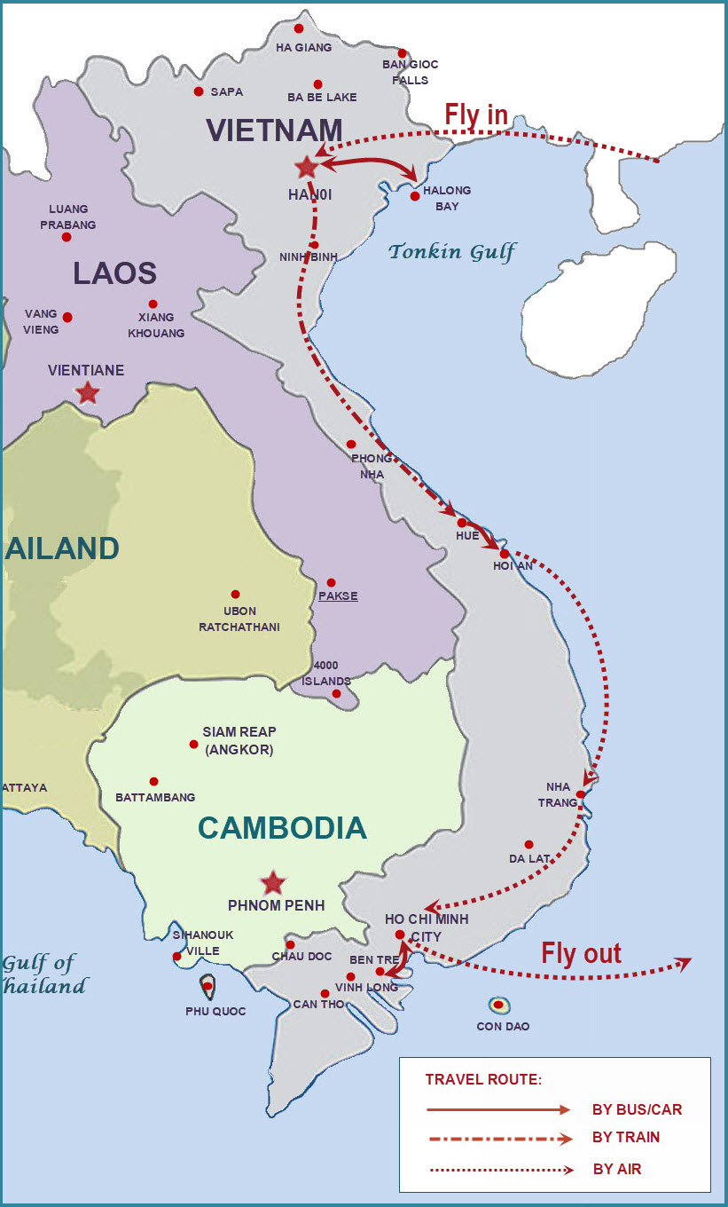 15 days Vietnam gourmet tour map 