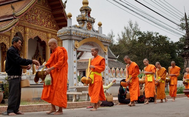 Monks in the alm giving day of Laos