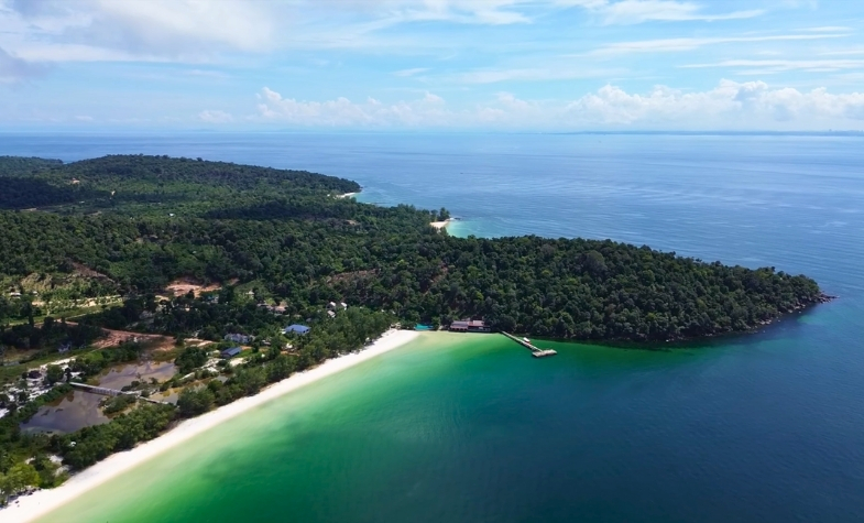 Koh Rong Island with white sandy beaches and clear turquoise waters.