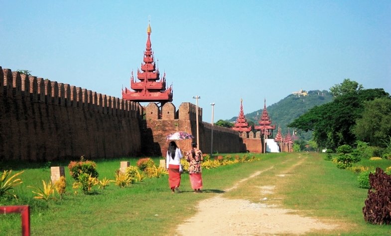 two girls walking along Mandalay Ancient Citadel